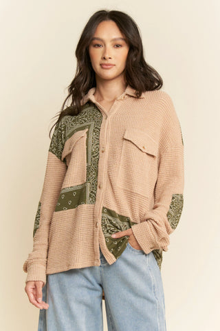Waffle Knit Button-Up with Bandana Patchwork