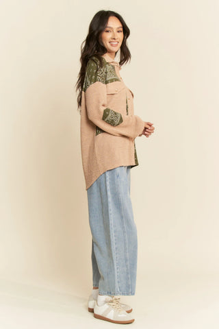 Waffle Knit Button-Up with Bandana Patchwork