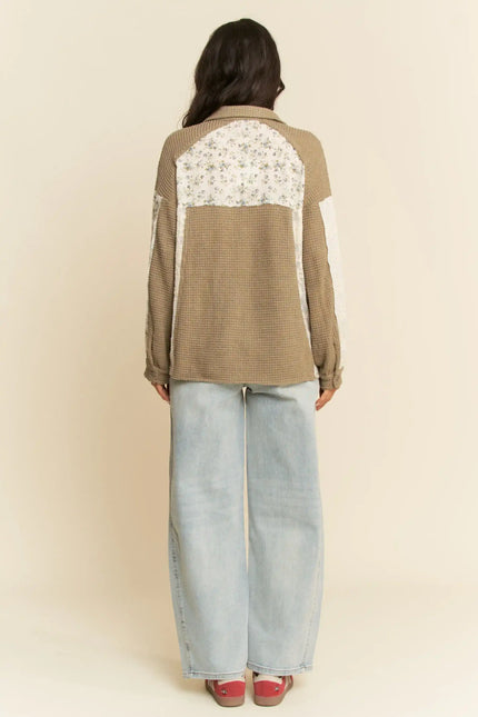 Waffle & Floral Patchwork Button-Down Shacket