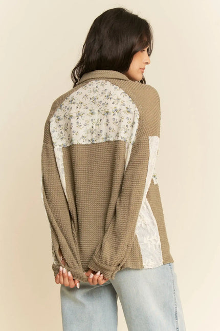 Waffle & Floral Patchwork Button-Down Shacket