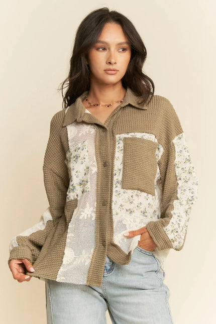 Waffle & Floral Patchwork Button-Down Shacket