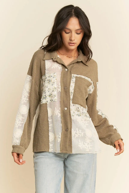 Waffle & Floral Patchwork Button-Down Shacket