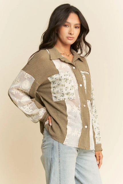 Waffle & Floral Patchwork Button-Down Shacket