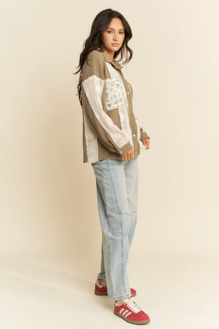 Waffle & Floral Patchwork Button-Down Shacket