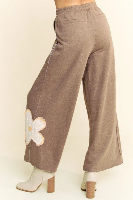 Wide-Leg Pants with Floral Appliqué – Boho Casual Lounge Trousers