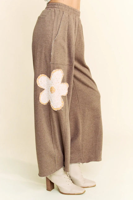 Wide-Leg Pants with Floral Appliqué – Boho Casual Lounge Trousers