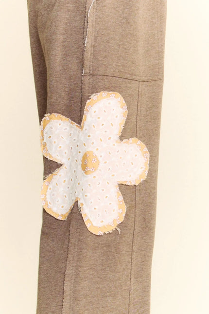 Wide-Leg Pants with Floral Appliqué – Boho Casual Lounge Trousers