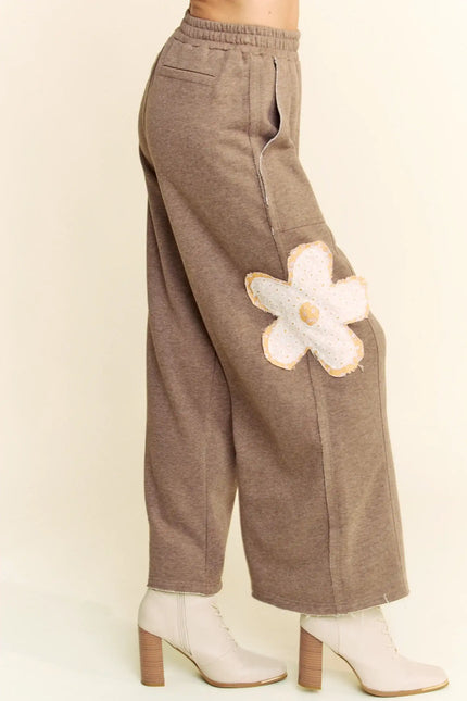 Wide-Leg Pants with Floral Appliqué – Boho Casual Lounge Trousers