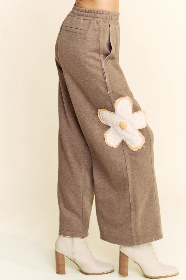 Wide-Leg Pants with Floral Appliqué – Boho Casual Lounge Trousers
