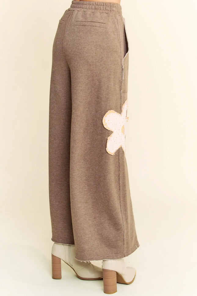 Wide-Leg Pants with Floral Appliqué – Boho Casual Lounge Trousers