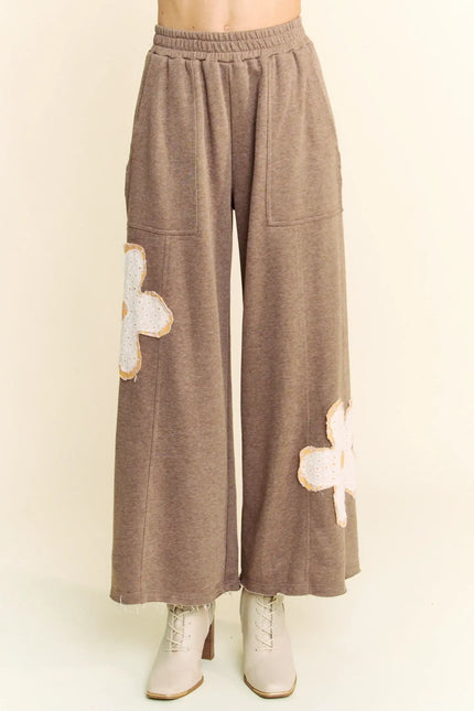 Wide-Leg Pants with Floral Appliqué – Boho Casual Lounge Trousers