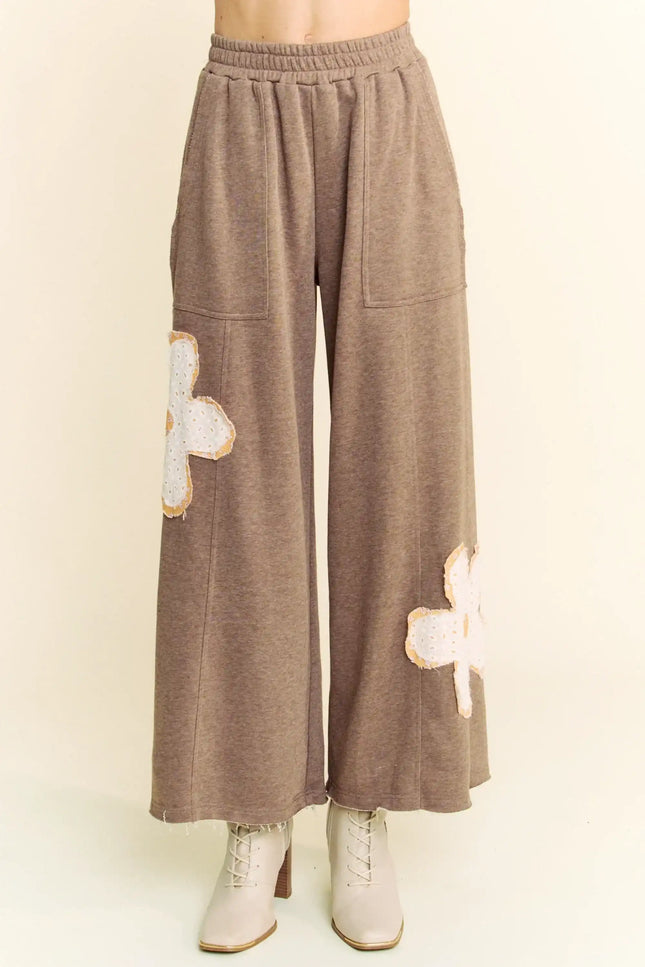 Wide-Leg Pants with Floral Appliqué – Boho Casual Lounge Trousers