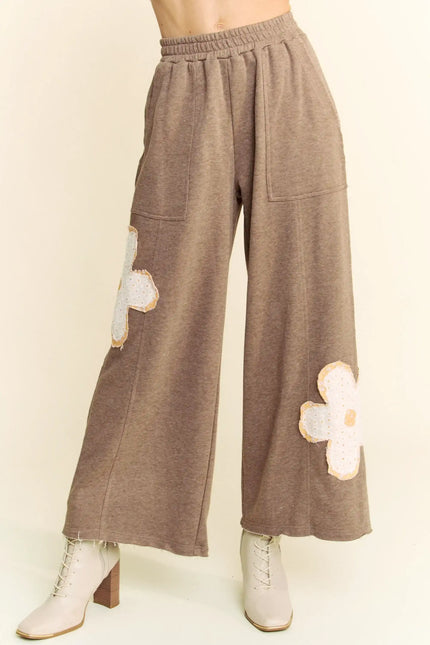 Wide-Leg Pants with Floral Appliqué – Boho Casual Lounge Trousers
