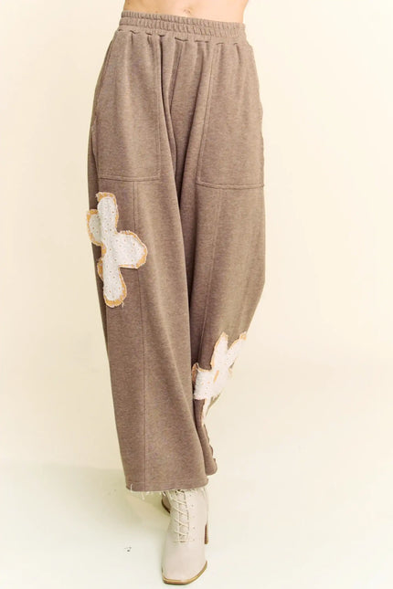 Wide-Leg Pants with Floral Appliqué – Boho Casual Lounge Trousers