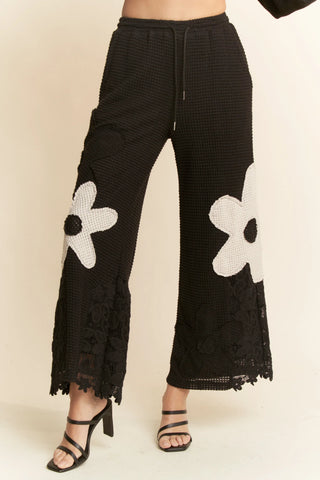 Floral Patch Waffle Knit Wide Leg Pants