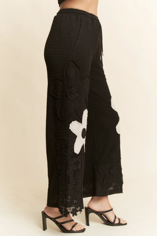 Floral Patch Waffle Knit Wide Leg Pants