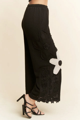 Floral Patch Waffle Knit Wide Leg Pants