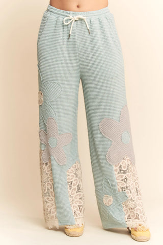 Floral Patch Waffle Knit Wide Leg Pants