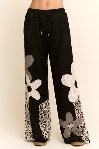 Floral Patch Waffle Knit Wide Leg Pants
