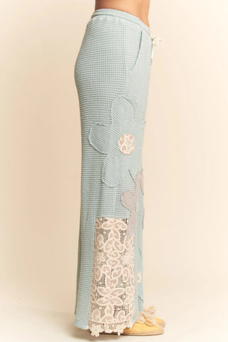 Floral Patch Waffle Knit Wide Leg Pants