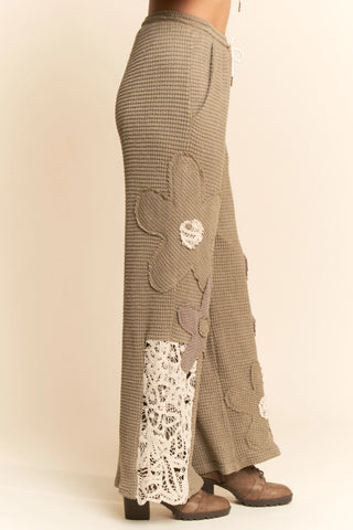 Floral Patch Waffle Knit Wide Leg Pants