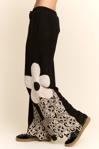 Floral Patch Waffle Knit Wide Leg Pants