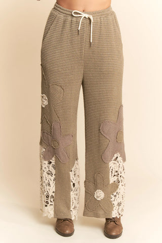 Floral Patch Waffle Knit Wide Leg Pants
