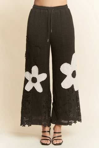 Floral Patch Waffle Knit Wide Leg Pants