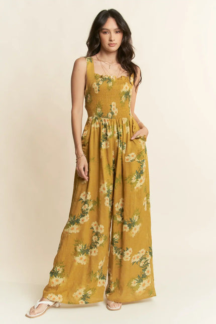 Floral Smocked Jumpsuit – Wide Leg Strappy One Piece with Pockets