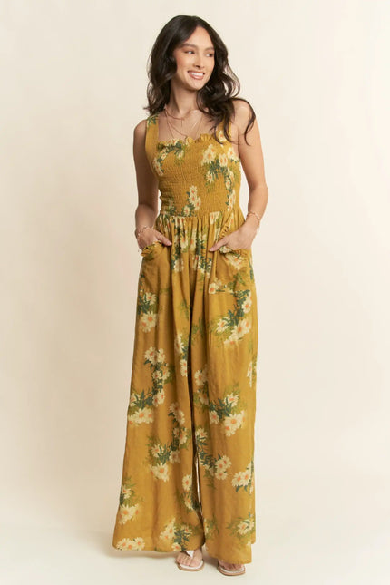 Floral Smocked Jumpsuit – Wide Leg Strappy One Piece with Pockets
