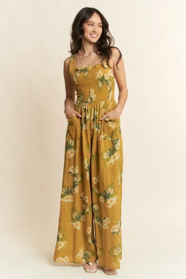 Floral Smocked Jumpsuit – Wide Leg Strappy One Piece with Pockets