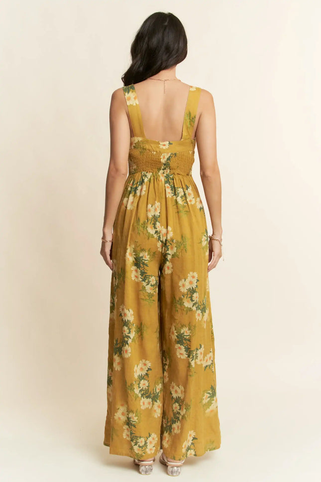 Floral Smocked Jumpsuit – Wide Leg Strappy One Piece with Pockets