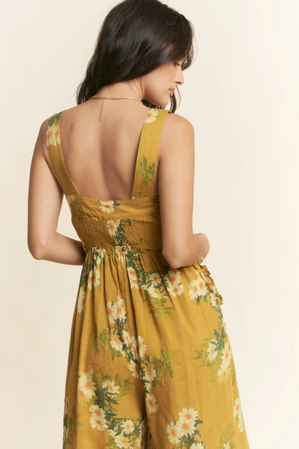 Floral Smocked Jumpsuit – Wide Leg Strappy One Piece with Pockets