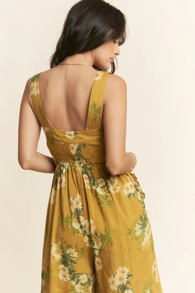 Floral Smocked Jumpsuit – Wide Leg Strappy One Piece with Pockets