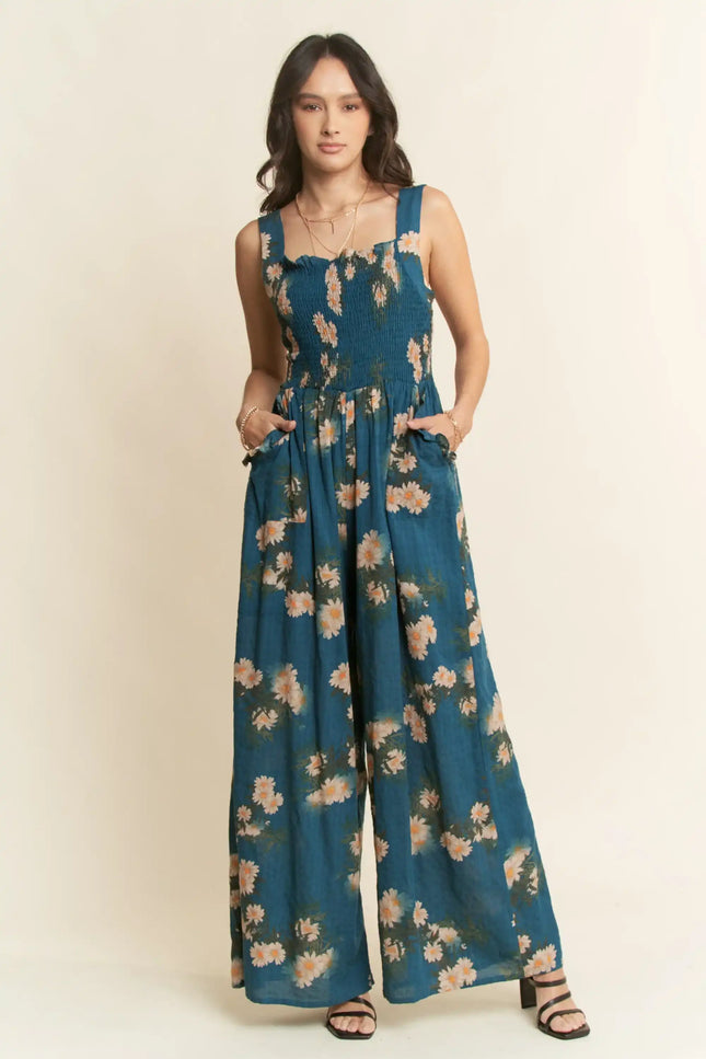Floral Smocked Jumpsuit – Wide Leg Strappy One Piece with Pockets