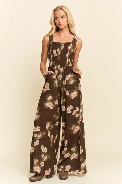Floral Smocked Jumpsuit – Wide Leg Strappy One Piece with Pockets