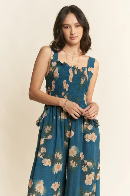 Floral Smocked Jumpsuit – Wide Leg Strappy One Piece with Pockets