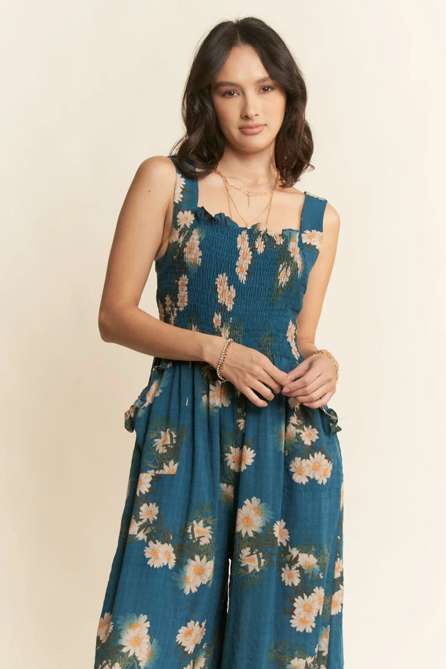 Floral Smocked Jumpsuit – Wide Leg Strappy One Piece with Pockets
