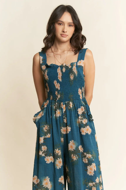 Floral Smocked Jumpsuit – Wide Leg Strappy One Piece with Pockets
