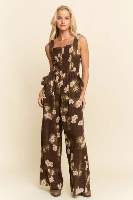 Floral Smocked Jumpsuit – Wide Leg Strappy One Piece with Pockets
