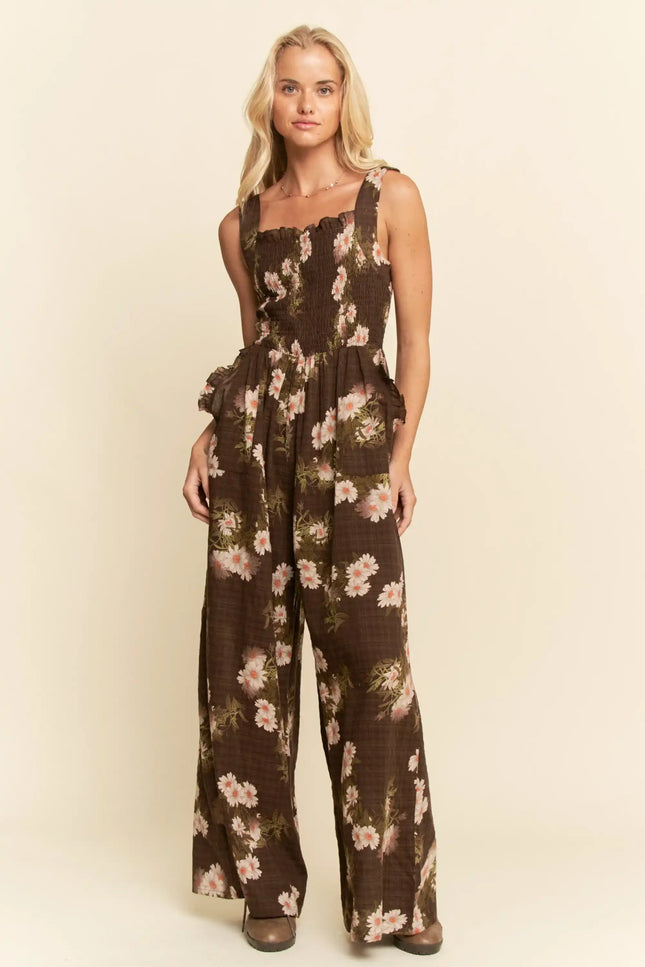 Floral Smocked Jumpsuit – Wide Leg Strappy One Piece with Pockets