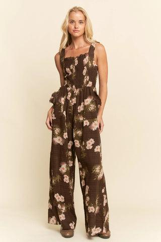 Floral Smocked Jumpsuit – Wide Leg Strappy One Piece with Pockets
