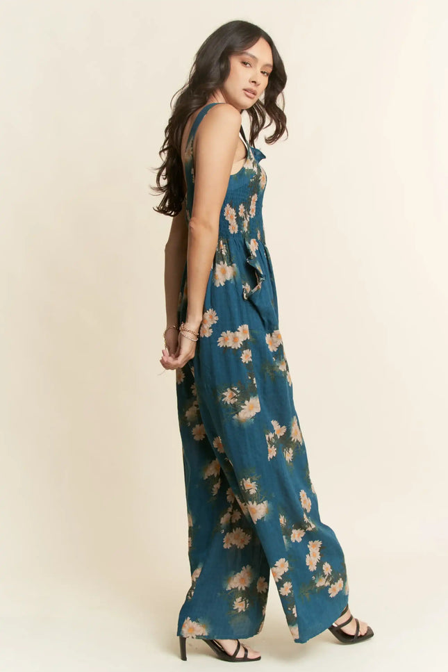 Floral Smocked Jumpsuit – Wide Leg Strappy One Piece with Pockets