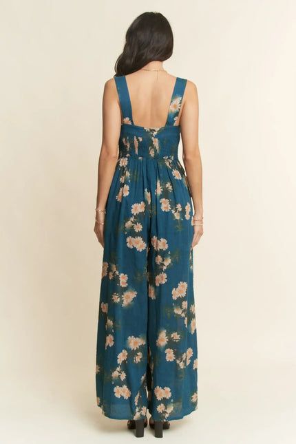 Floral Smocked Jumpsuit – Wide Leg Strappy One Piece with Pockets