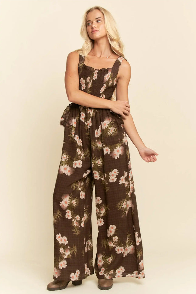Floral Smocked Jumpsuit – Wide Leg Strappy One Piece with Pockets