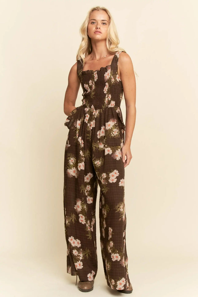 Floral Smocked Jumpsuit – Wide Leg Strappy One Piece with Pockets