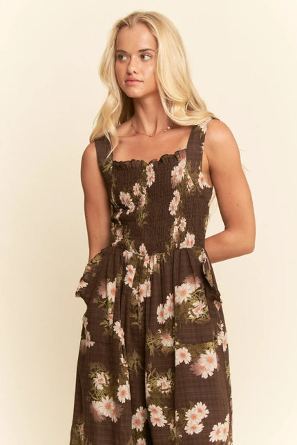 Floral Smocked Jumpsuit – Wide Leg Strappy One Piece with Pockets
