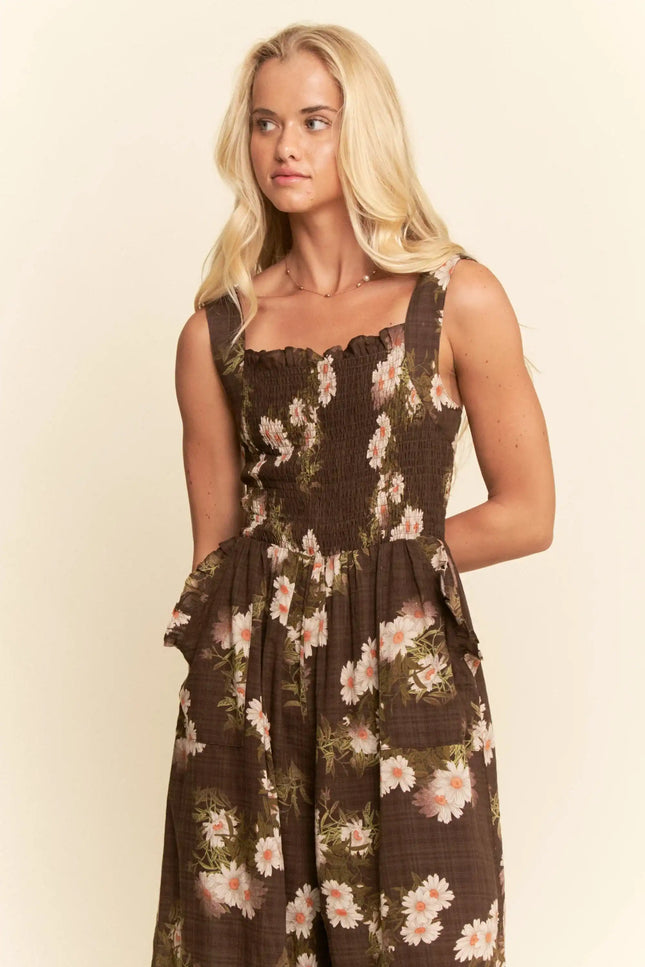 Floral Smocked Jumpsuit – Wide Leg Strappy One Piece with Pockets