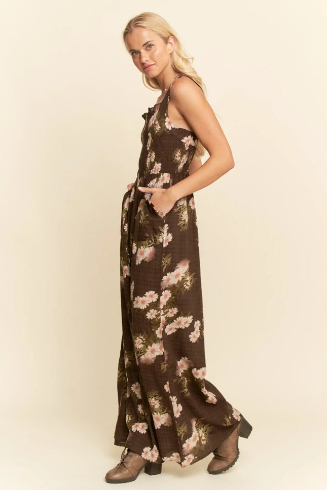 Floral Smocked Jumpsuit – Wide Leg Strappy One Piece with Pockets