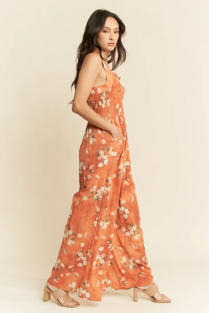Floral Smocked Jumpsuit – Wide Leg Strappy One Piece with Pockets